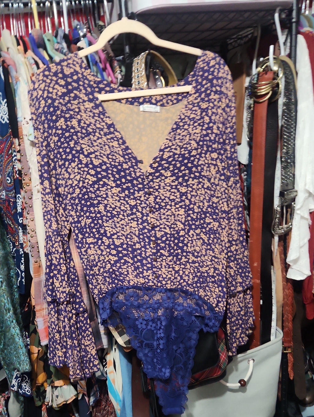 Free People Navy Floral V-Neck Lace Thong Blouse